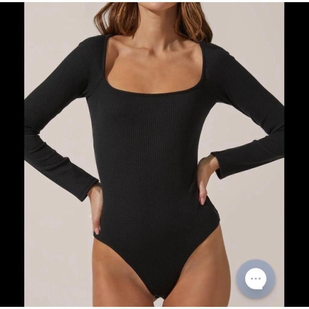 Women's ASTR the Label Black Ribbed Square Neck Long Sleeve Bodysuit - Size M